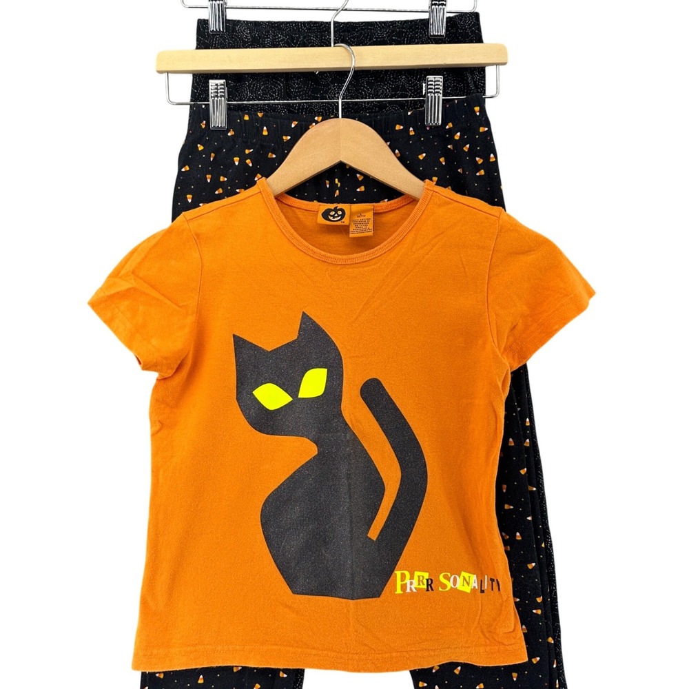Y2K Halloween Black Cat Candy Corn Spider Web Shirt Pants Set Girls 10/12 L VTG
